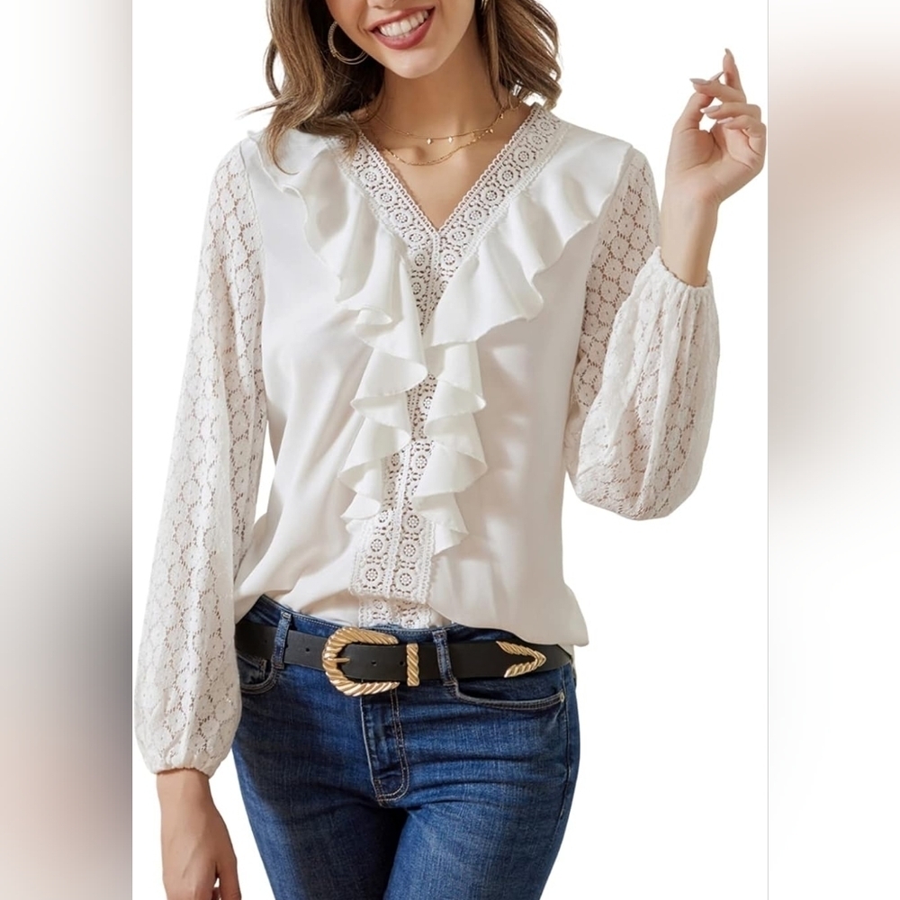 Kate Kasin Women Casual V Neck Lace Long Sleeve Blouse Ruffle Trim Solid Shirt
